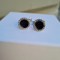Gemelli Tondi in Argento 925 con smalto nero centrale e zirconi bianchi