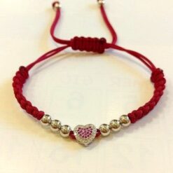 Bracciale Cuore e Sfere Argento925 con Zirconi Colorati e cordino Rosso