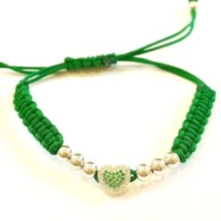 Bracciale Cuore e Sfere Argento925 con Zirconi Colorati e cordino Verde