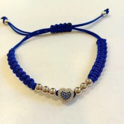 Bracciale Cuore e Sfere Argento925 con Zirconi Colorati e cordino Blu