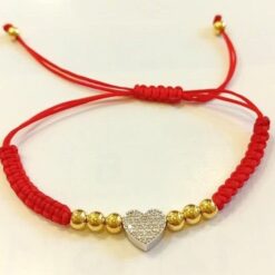Bracciale Cuore Zirconi Bianchi e Sfere Argento925 laminate Oro con cordinoRosso