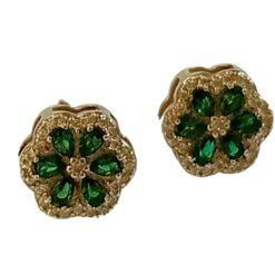 Orecchini Fiore Argento925 a Bottone con Pietre Verdi e Bianche
