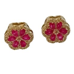 Orecchini Fiore Argento925 a Bottone con Pietre Rosse e Bianche